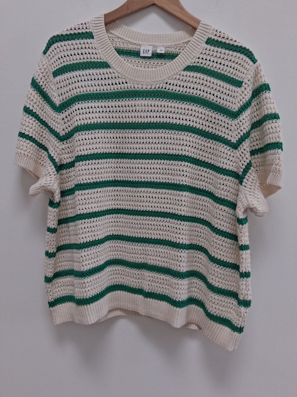 GAP Cream and Green Striped Crochet Knit Short Sleeve Top XXL